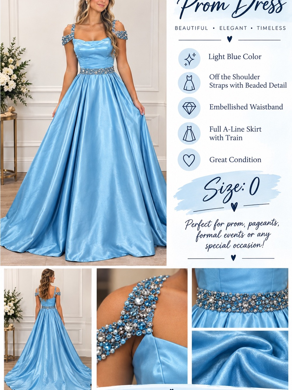 Light Blue Beaded Off-Shoulder A-Line Pageant/Prom Dress